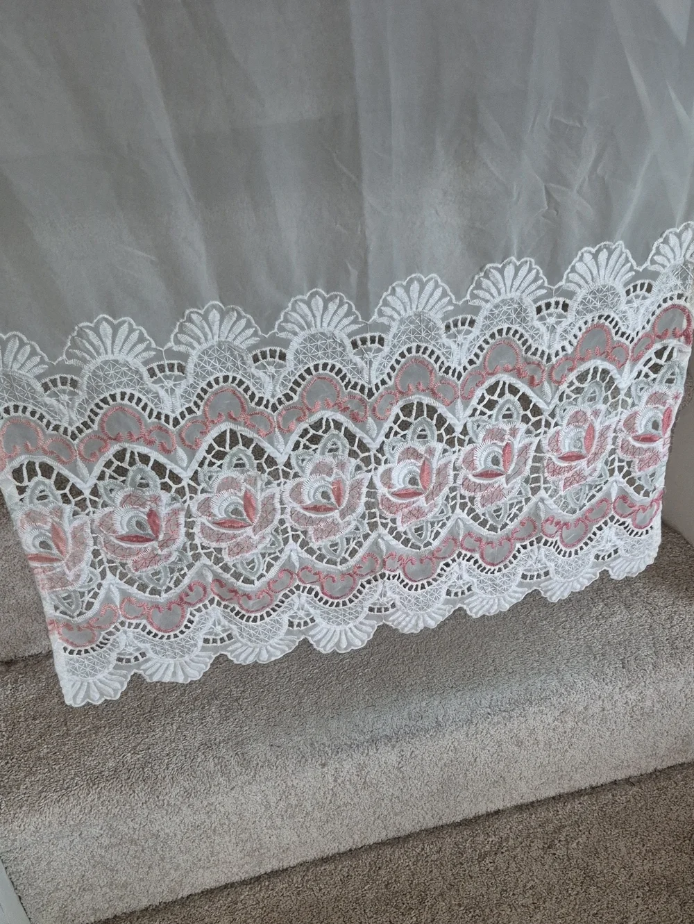 Sheer White Curtain Panel with Pink Rose Lace Border 30x35